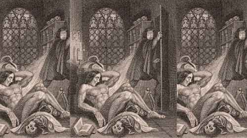 Vintage illustration of man reclining on a bed of bones on the floor and another in the doorway.