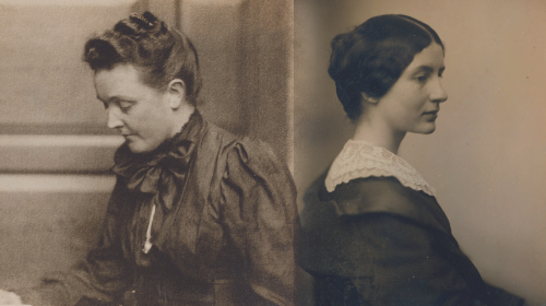 Two photos put together of Sarah Orne Jewett and Annie Fields facing away from each other.