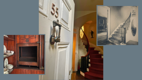 Front door of 55 Mt Vernon with images of the dumb waiter and a historic interior