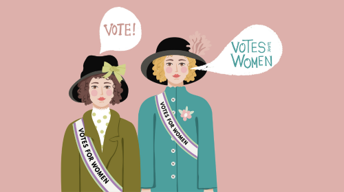 Two suffragists on a pink background