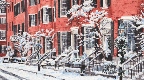 Watercolor painting of snowy Beacon Street with wreaths on lampposts