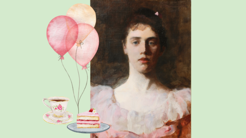 Portrait of Rose Nichols with balloons, cake, and tea cup